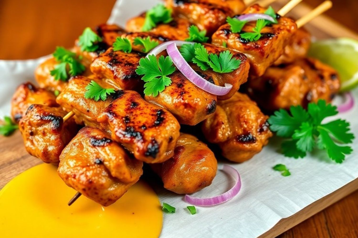 3 palos Anticucho de pollo, brochetas de pollo a la parrilla en tres palos.